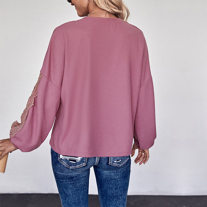Damen Spitzenbesetzte V‑Ausschnitt-Bluse mit Ballonärmeln und Einsätzen Drune