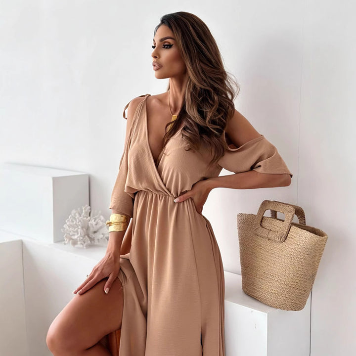Damen Maxikleid mit schulterfreier Optik und elegantem V-Ausschnitt Drune