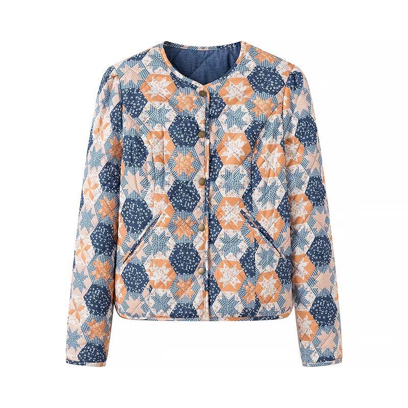 Damen Leichte Steppjacke mit Patchwork‑Blumenmuster und kurzem Schnitt Drune