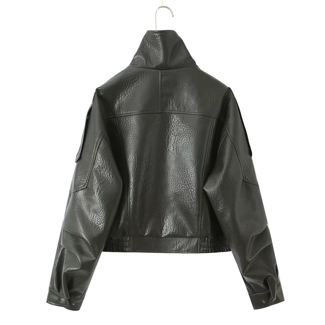 Damen Cropped Bikerblouson aus veganer Lederoptik mit asymmetrischer Frontpatte und Taillenbund Drune
