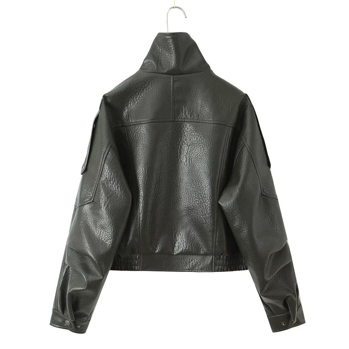 Damen Cropped Bikerblouson aus veganer Lederoptik mit asymmetrischer Frontpatte und Taillenbund Drune