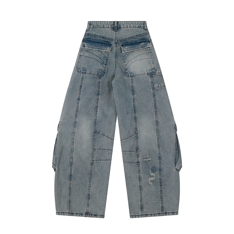 Damen weite Jeans-Cargo-Culotte mit taktischen Taschen, Gurtapplikationen und Used-Details Drune