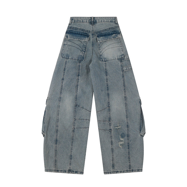 Damen weite Jeans-Cargo-Culotte mit taktischen Taschen, Gurtapplikationen und Used-Details Drune