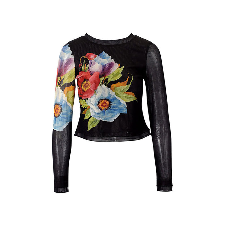 Damen Langarmshirt mit floralem Musterdruck und transparentem Stoff Drune
