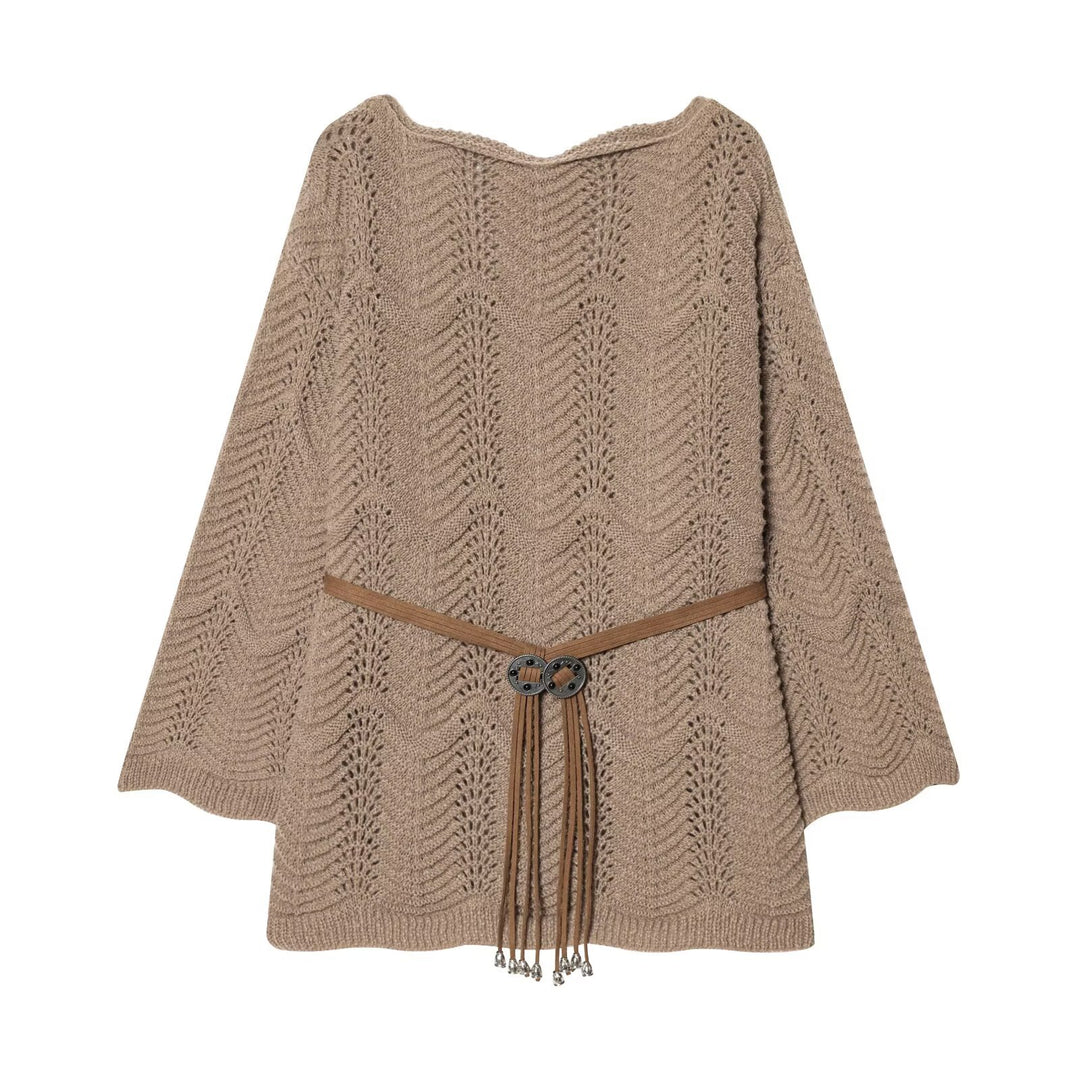 Damen Gestricktes Poncho-Cape mit Ajourmuster und Lederquasten-Gürtel Drune
