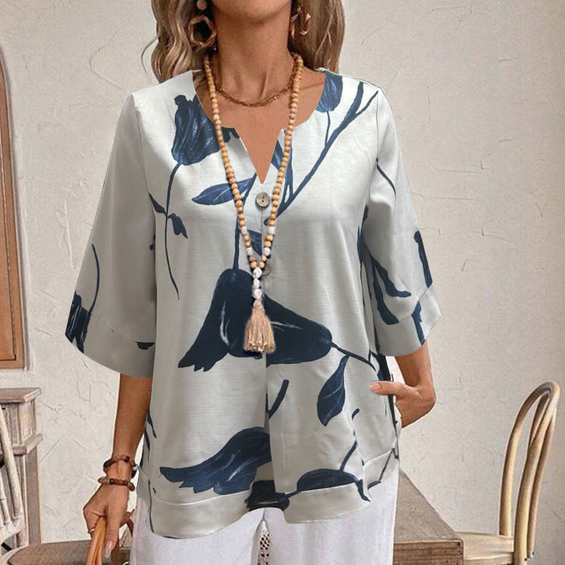 Damen Freizeit Tunika Bluse mit V-Ausschnitt, Schlitzknopf, Dreiviertelärmeln und floralem Oversize-Druck Drune