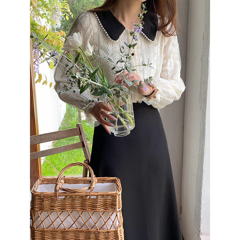 Damen elegante Bluse mit Spitzenkragen und dekorativen Knopfdetails Drune