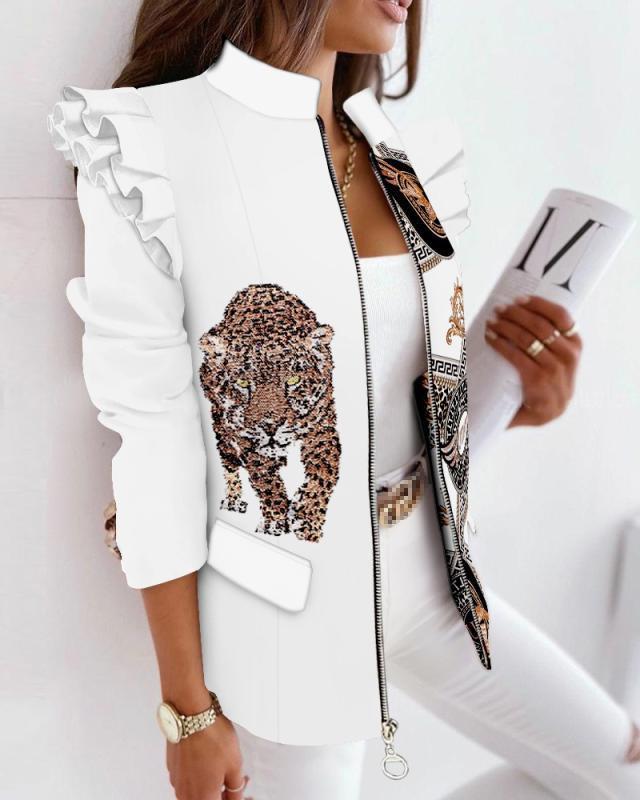 Damen nan Leo-Blouson mit Volantärmeln, Stehkragen und Zipper-Front Drune