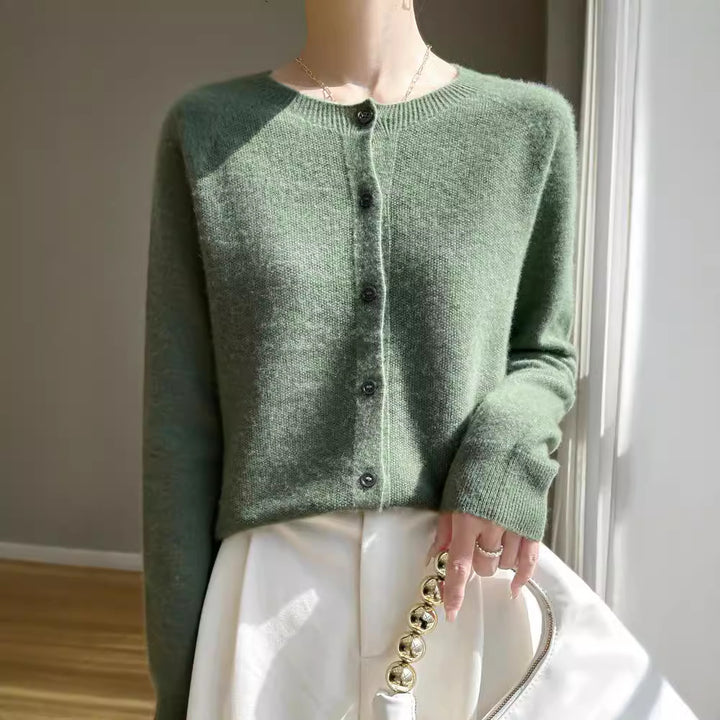 Damen Kurzgeschnittener Feinstrick-Cardigan mit Rundhalsausschnitt und schimmernder Knopfleiste Drune