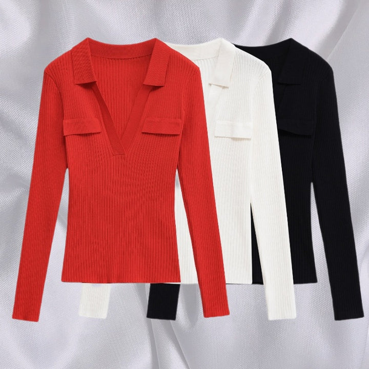 Damen Langarmshirt mit V-Ausschnitt und dekorativen Taschen Drune