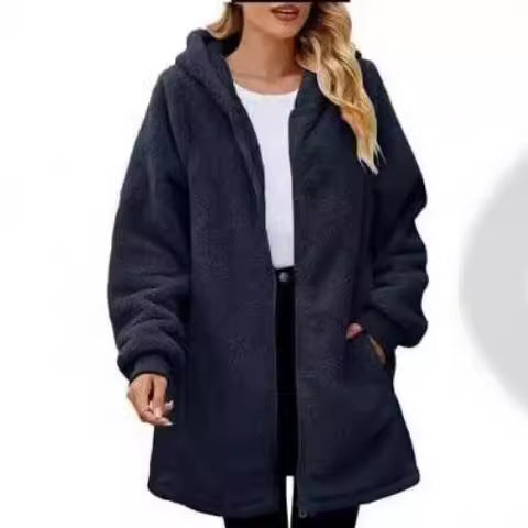 Damen nan midilanger Soft-Teddy Parka mit Kapuze, elastischen Bündchen und Zweiwege-Reißverschluss Drune
