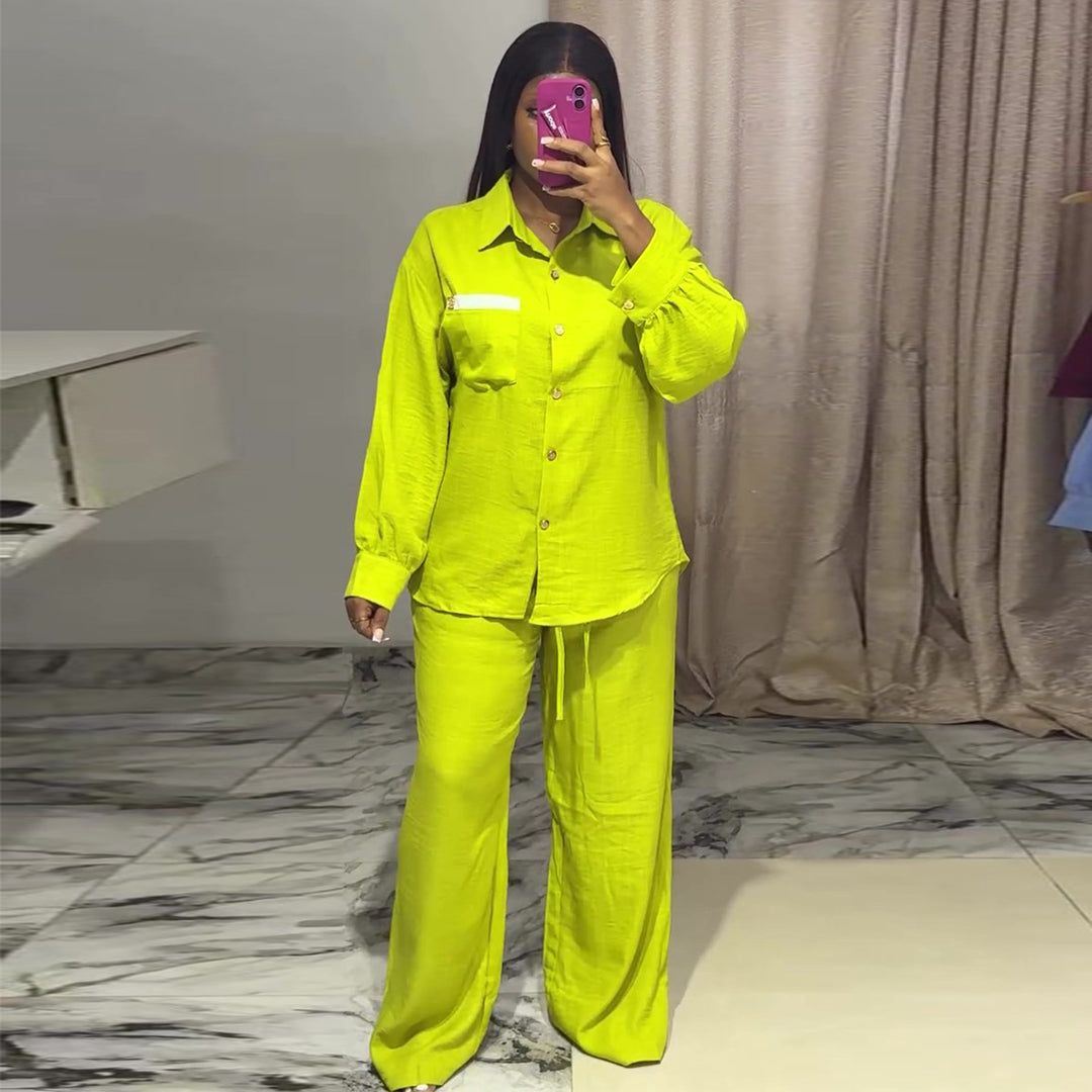 Damen lässiges Zweiteiler Set mit langärmeliger Bluse und weiten Hosen Drune
