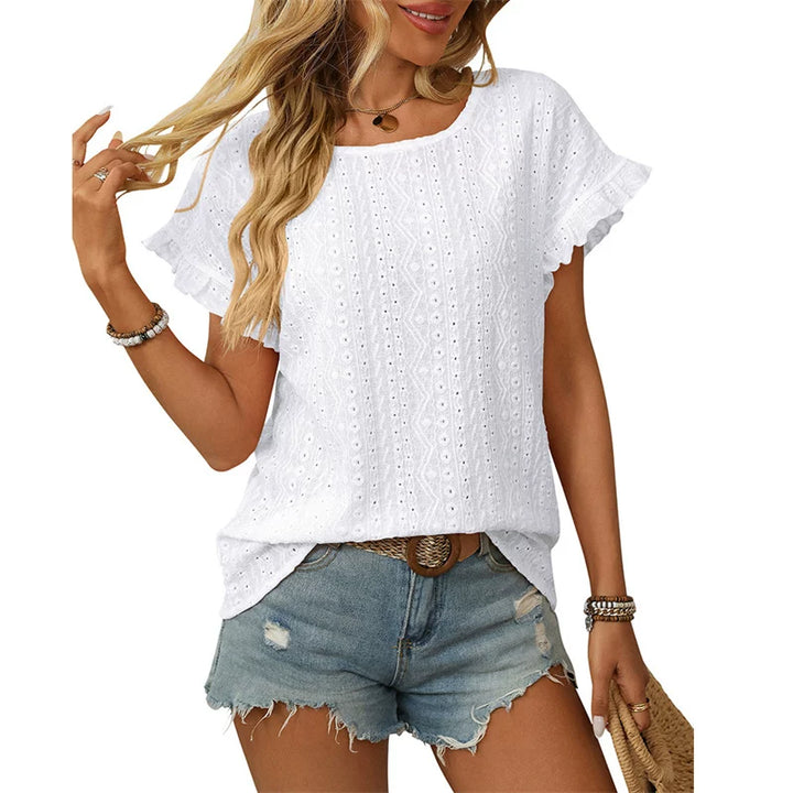 Damen Chiffonbluse mit Spitzenärmeln und feinem Lochmuster Drune