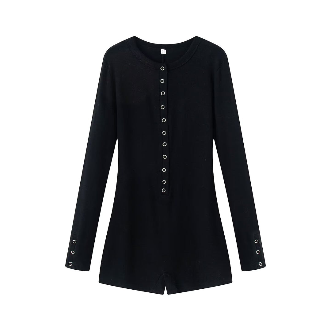 Damen Leichter Rippstrick-Einteiler mit Henley-Knopfleiste und Druckknopfstepper Drune