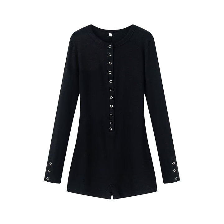 Damen Leichter Rippstrick-Einteiler mit Henley-Knopfleiste und Druckknopfstepper Drune