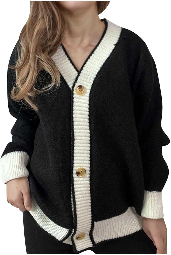 Damen lässige Strickjacke mit kontrastierenden Bündchen und dezenter Knopfleiste Drune