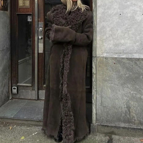 Damen Langer Teddy-Mantel mit luxuriösem Fellbesatz Drune