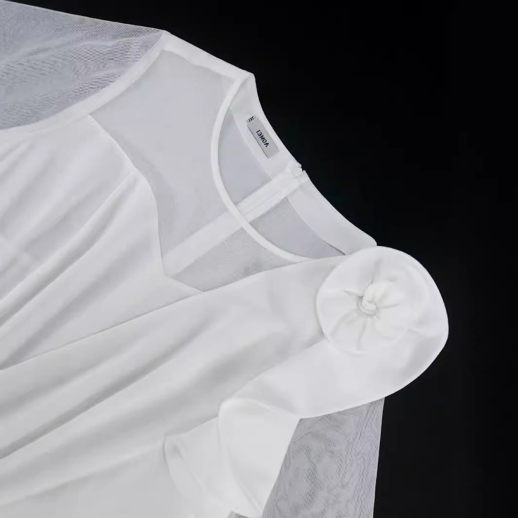 Damen Faltendes Kurzes Kleid mit innovativem Einschlag und transparenten Ärmeln Drune
