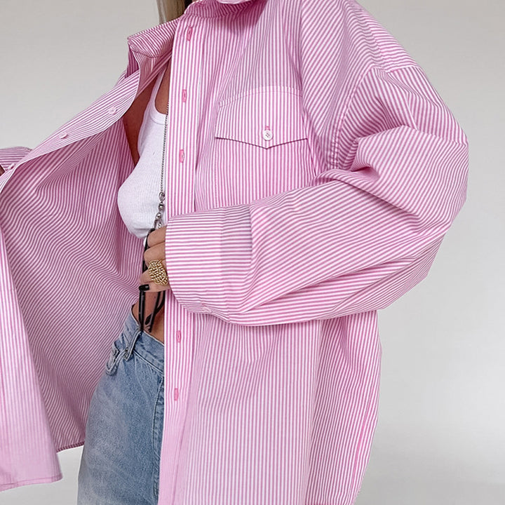 Damen gestreifte Oversized-Hemdbluse mit Brusttasche und lässigem Schnitt Drune