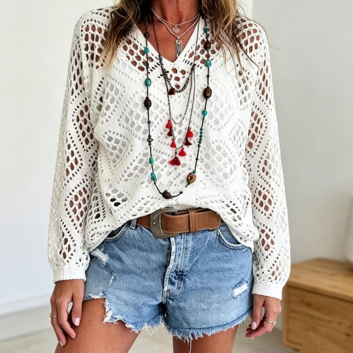 Damen Grobstrick-Häkelpullover mit offenen Maschen und V‑Ausschnitt Drune