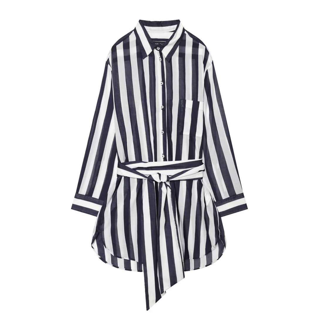 Damen Gestreiftes Hemdblusenkleid mit Bindegürtel und Oversize-Silhouette Drune