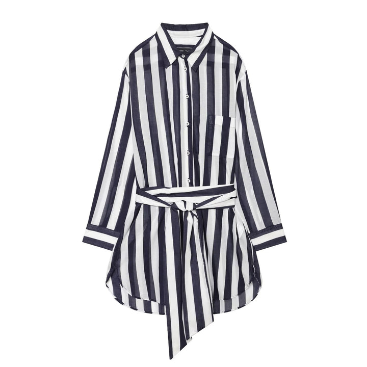 Damen Gestreiftes Hemdblusenkleid mit Bindegürtel und Oversize-Silhouette Drune