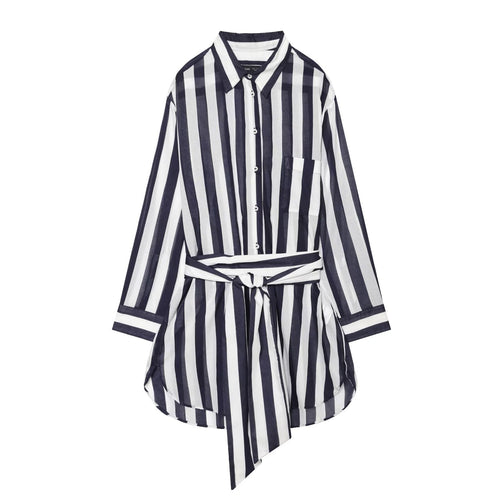 Damen Gestreiftes Hemdblusenkleid mit Bindegürtel und Oversize-Silhouette Drune