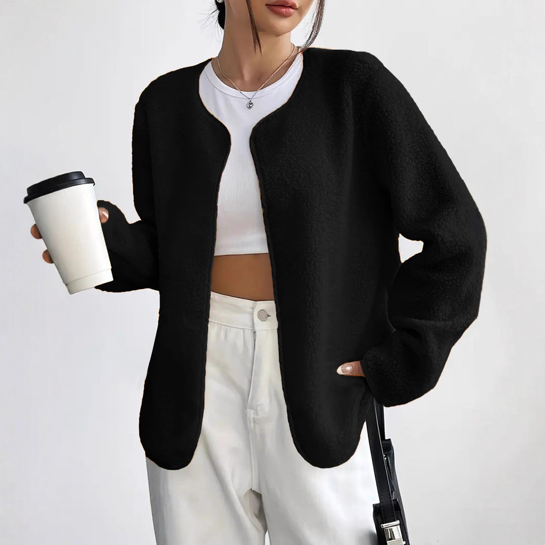 Damen Kurzjacke Teddy-Fleece Cardigan ohne Verschluss mit Rundhals Drune