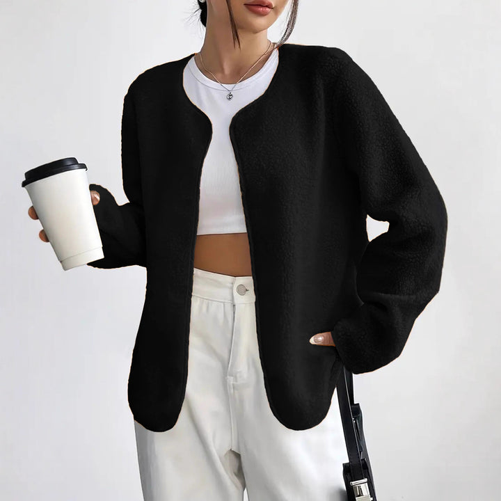 Damen Kurzjacke Teddy-Fleece Cardigan ohne Verschluss mit Rundhals Drune
