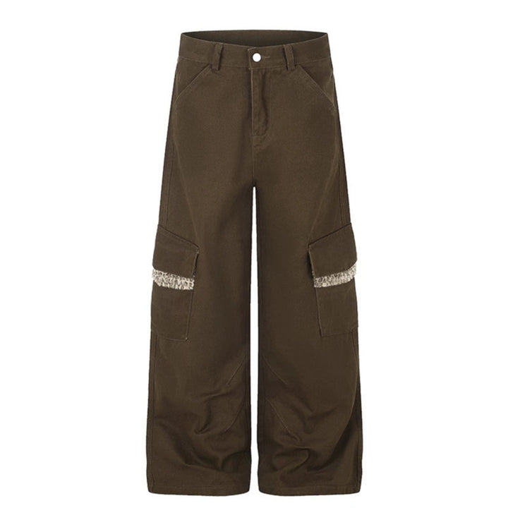 Damen Weite Cargo-Hose mit hoher Taille, großen Klappentaschen und Fellbesatz Drune
