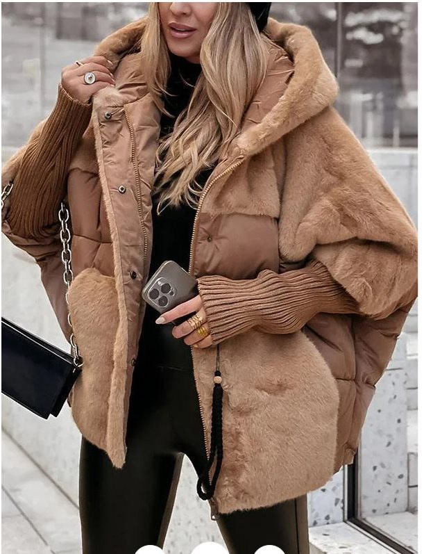 Damen Wattierter Oversize-Parka mit Kunstfellbesatz, Kapuze und Rippbündchen Drune