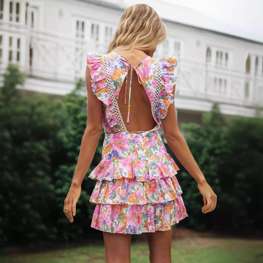 Damen Rüschensommerkleid mit floralen Mustern und schickem Taillengürtel Drune
