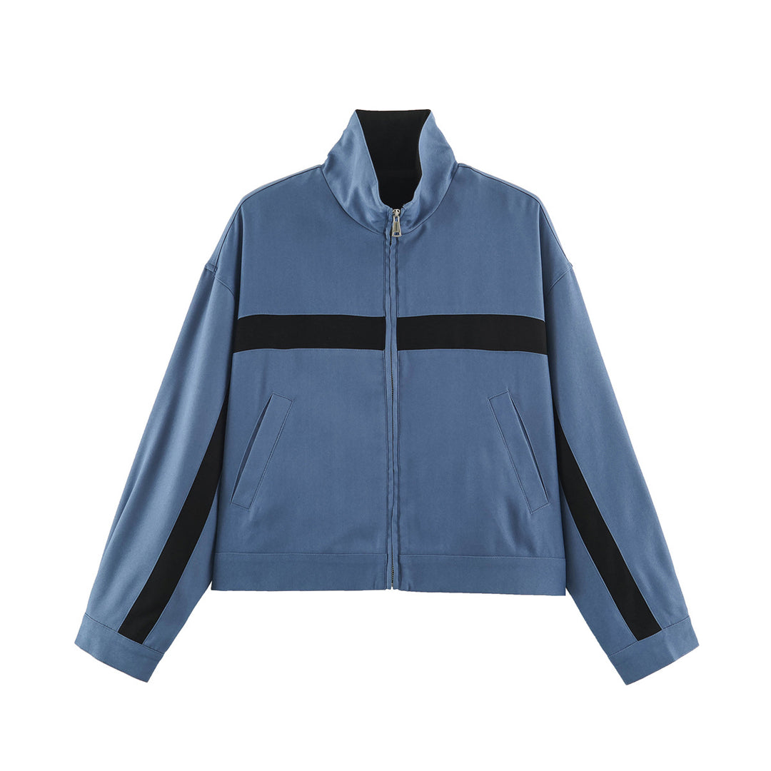 Unisex Kurz geschnittene Trackjacke mit Stehkragen, Kontraststreifen und Reißverschluss Drune