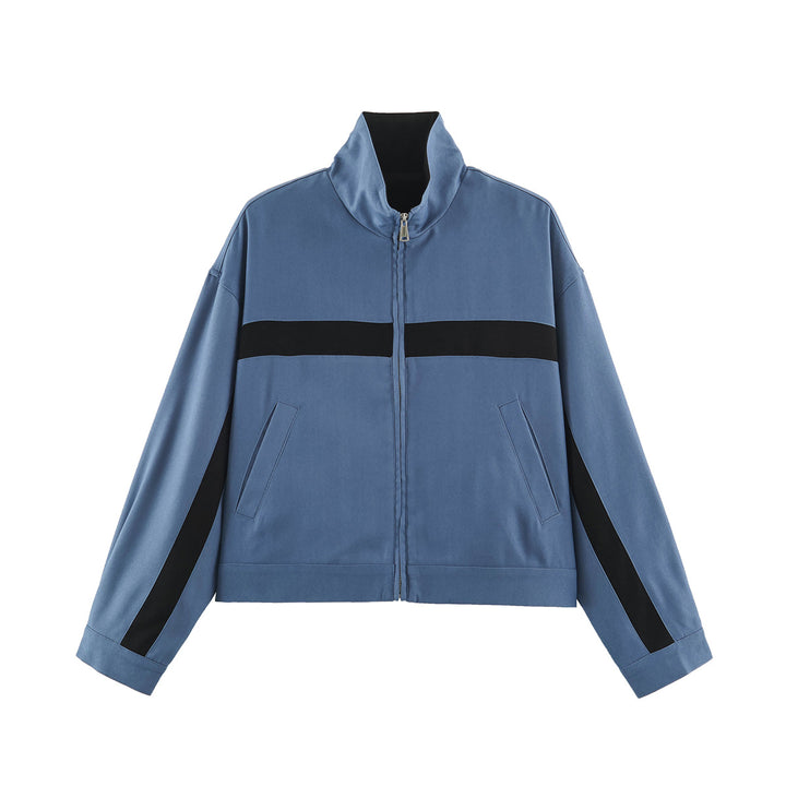 Unisex Kurz geschnittene Trackjacke mit Stehkragen, Kontraststreifen und Reißverschluss Drune
