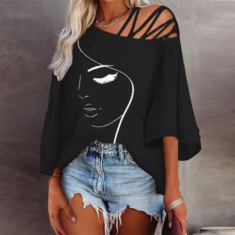Damen Tunika mit asymmetrischem Trägerdesign und stylisierter Gesichtsgrafik Drune