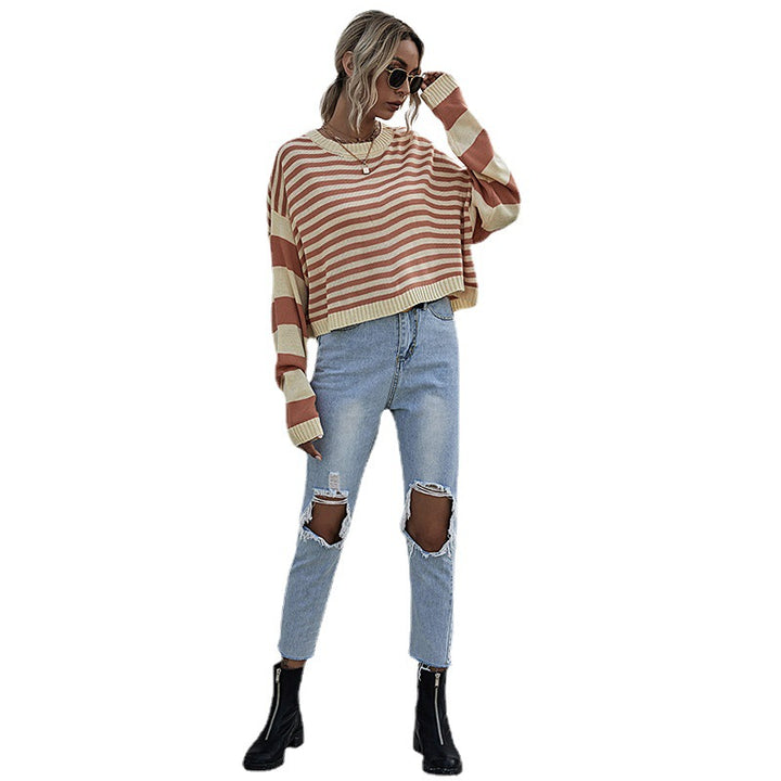 Damen Gestreifter Oversize-Cropped-Strickpullover mit Raglanärmeln und gerippten Abschlüssen Drune