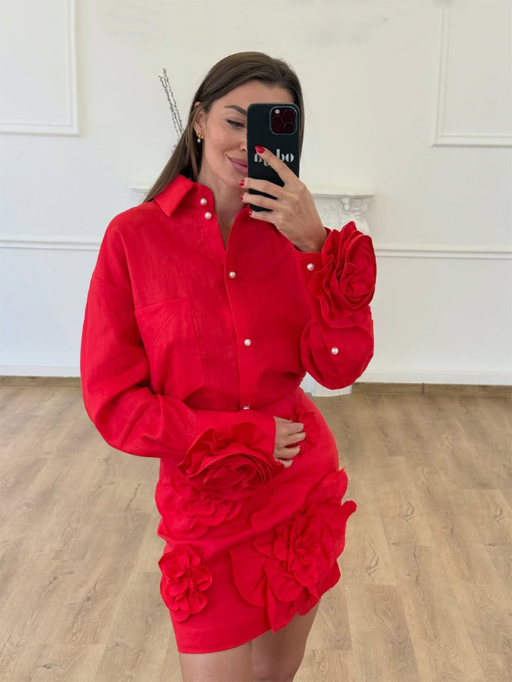 Damen Hemdblusen-Minirock-Set mit voluminösen 3D-Rosenapplikationen und Perlendetails Drune