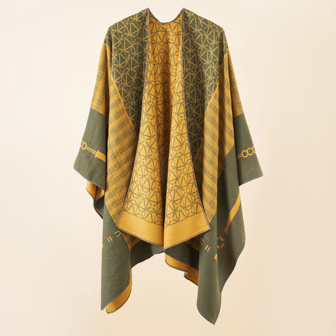 Damen Geometrisches Jacquard-Ruana-Cape aus Wollmix mit offener Kimono-Silhouette Drune