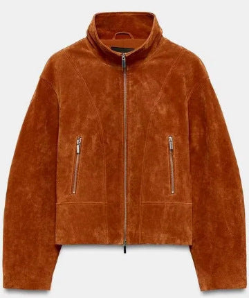Damen Cropped-Veloursjacke im minimalistischen Design mit Stehkragen, Ziernähten und Reißverschlusstaschen Drune