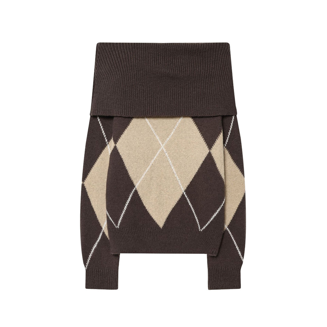 Damen nan Rollkragenpullover mit Argyle‑Struktur, überlanger Ripp‑Kragen und lässiger Silhouette Drune