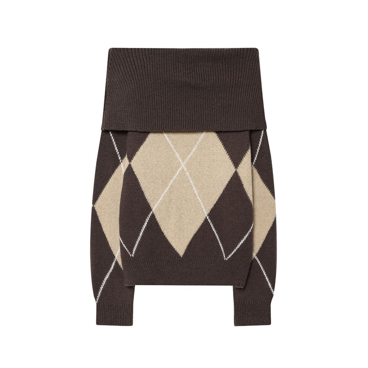 Damen nan Rollkragenpullover mit Argyle‑Struktur, überlanger Ripp‑Kragen und lässiger Silhouette Drune