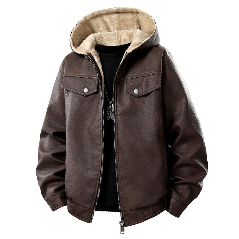 Herren Lederoptik-Blouson mit Kapuze, Teddyfutter und aufgesetzten Fronttaschen Drune
