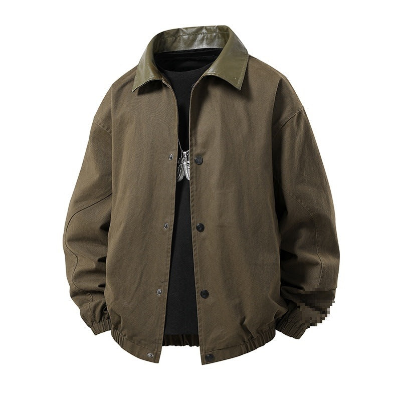 Herren Boxy-Coachjacke im minimalistischen Layering-Stil mit kontrastierendem Kunstlederkragen, Druckknopfverschluss & elastischem Saum Drune
