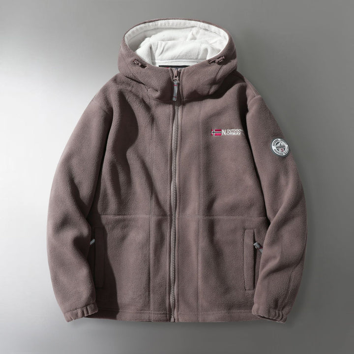 Herren Microfleece-Outdoorjacke mit Kapuze, windabweisender Struktur und Logo-Patch Drune