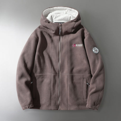 Herren Microfleece-Outdoorjacke mit Kapuze, windabweisender Struktur und Logo-Patch Drune