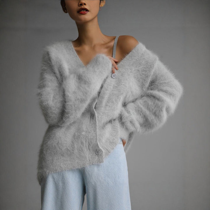 Damen Flauschige Mohair-Optik Strickjacke mit V-Ausschnitt und Oversize-Schnitt Drune