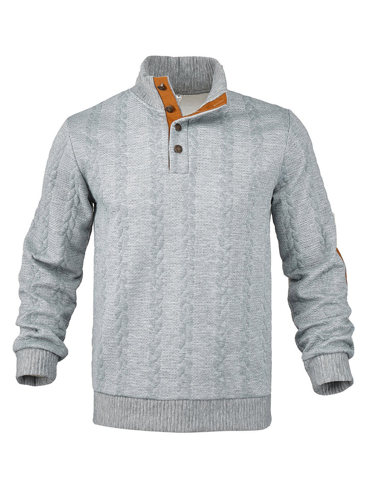 Herren nan Zopfmuster-Pullover mit Stehkragen, halber Knopfleiste und Ellbogenpatches Drune
