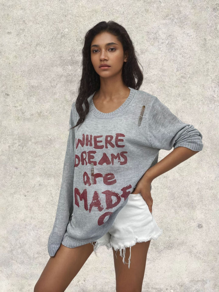 Damen lässiger Oversized Pullover mit auffälligem Schriftzug und Strick-Details Drune