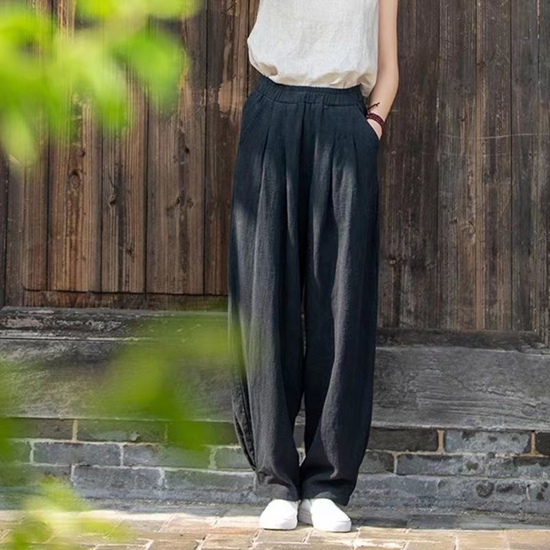 Damen weite Leinenhose mit elastischem Bund und seitlichen Taschen Drune