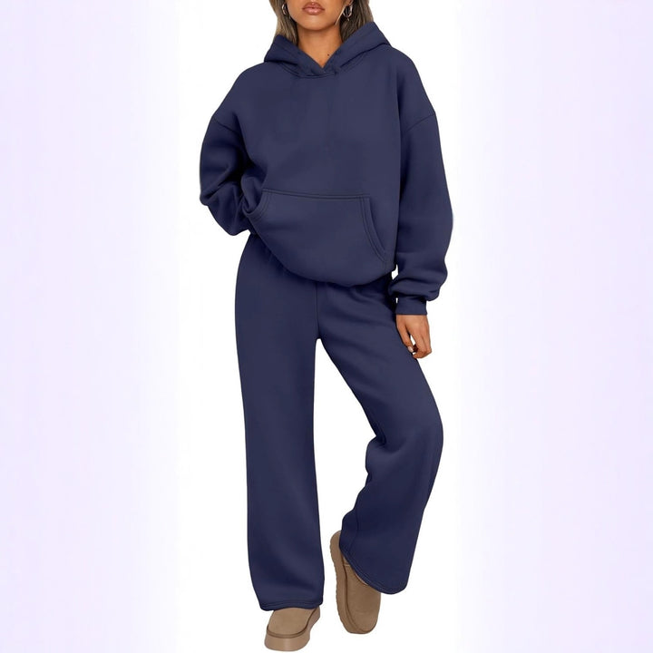 Damen nan Cozy-Loungewear-Set mit oversized Kapuzenpullover, Kängurutasche und weiten Palazzo-Jogginghose Drune